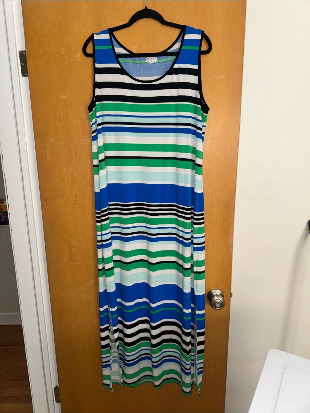 Avenue Sleeveless Striped Maxi Dress in Blue, Green & Black